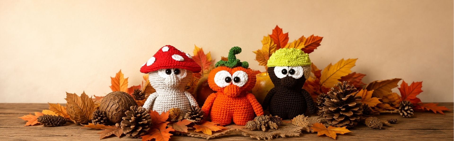 Gehäkeltes Herbst-Trio aus Pilz, Kürbis und Kastanie