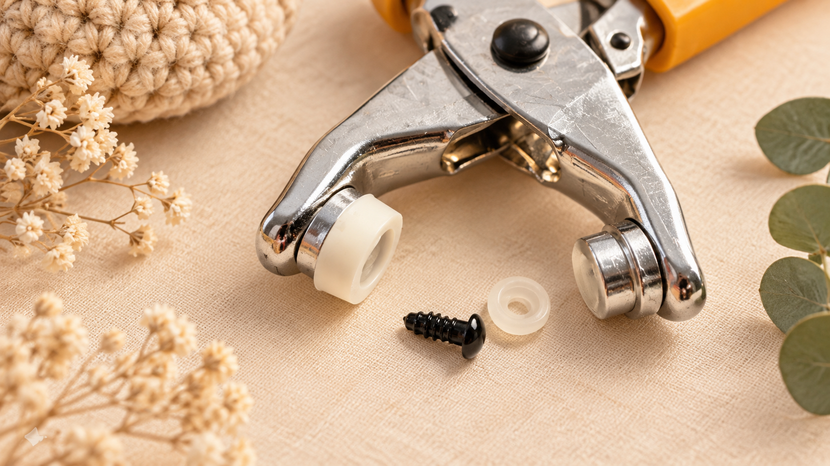 Druckknopfzange mit Sicherheitsauge und Verschlussscheibe